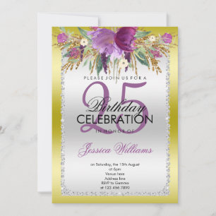 Classy Diamond Glitter Watercolor Flowers Birthday Invitation