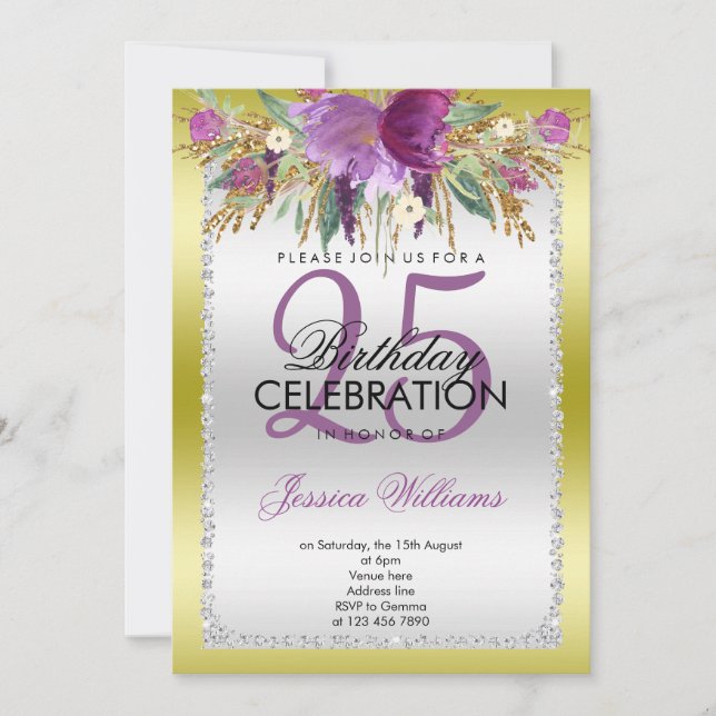 Classy Diamond Glitter Watercolor Flowers Birthday Invitation (Front)