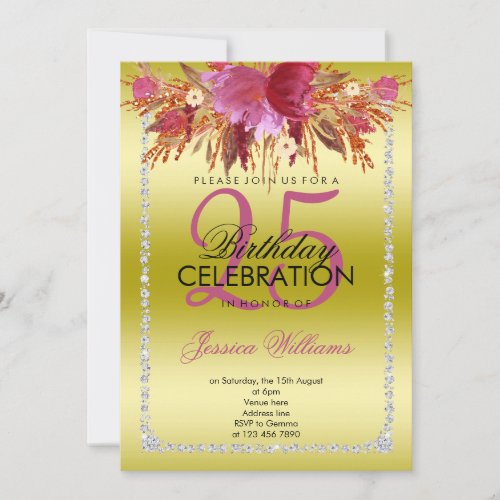 Classy Diamond Glitter Watercolor Flowers Birthday Invitation