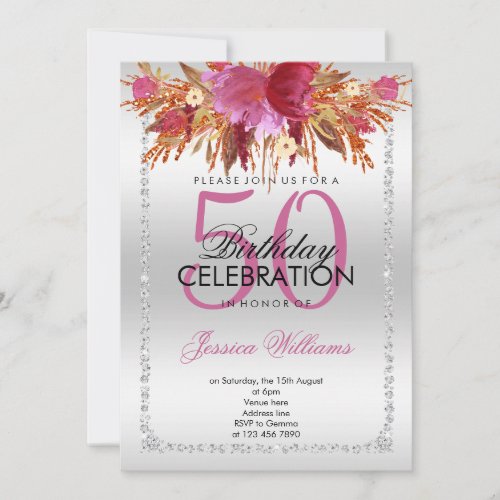 Classy Diamond Glitter Watercolor Flowers Birthday Invitation