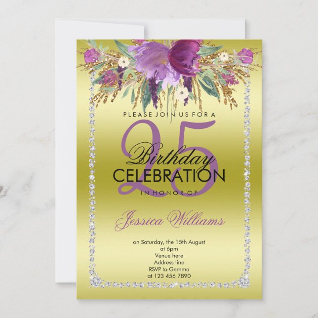 Classy Diamond Glitter Watercolor Flowers Birthday Invitation (Front)