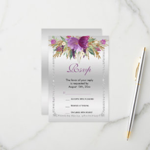 Classy Diamond Glitter Watercolor Flowers Birthday RSVP Card