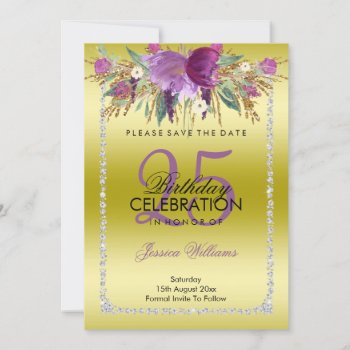 Classy Diamond Glitter Watercolor Flowers Birthday Save The Date by Sarah_Designs at Zazzle
