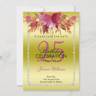 Classy Diamond Glitter Watercolor Flowers Birthday Save The Date