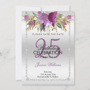 Classy Diamond Glitter Watercolor Flowers Birthday Save The Date