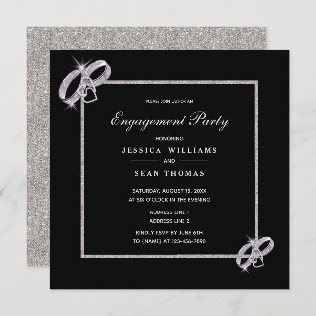 Classy Diamond Silver Wedding Rings Engagement Invitation (Front/Back)