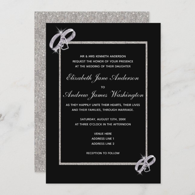 Classy Diamond Silver Wedding Rings Wedding Invitation (Front/Back)