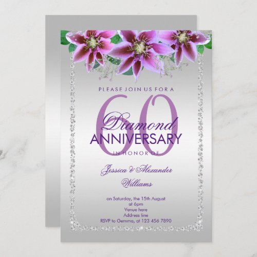 Classy Diamonds  Flowers 60th Wedding Anniversary Invitation