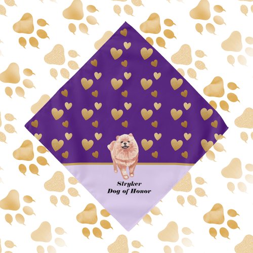 Classy Dog of Honor Purple and Gold Hearts Wedding Bandana