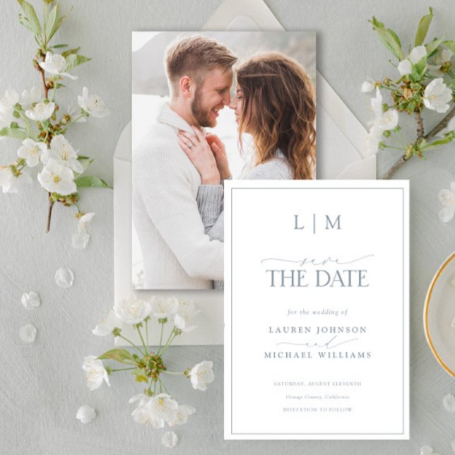 Classy Dusty Blue Elegant Monogram Photo Wedding Save The Date (Save the Date Invitation!)