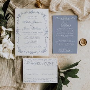 Classy Dusty Blue Floral Boho Botanical Wedding Invitation