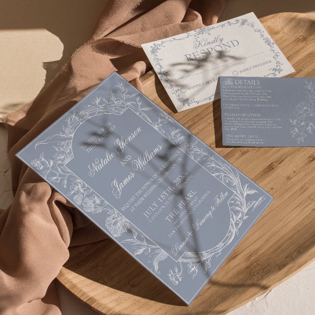 Classy Dusty Blue Floral Boho Botanical Wedding  Invitation (Creator Uploaded)