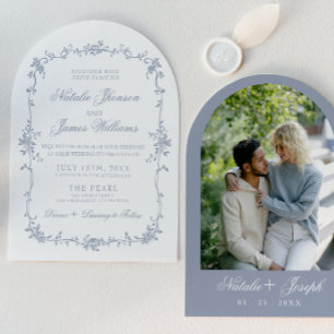 Classy Dusty Blue Floral Boho Chic Arched Wedding Invitation