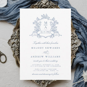 Classy Dusty Blue Floral Crest Wedding Invitation