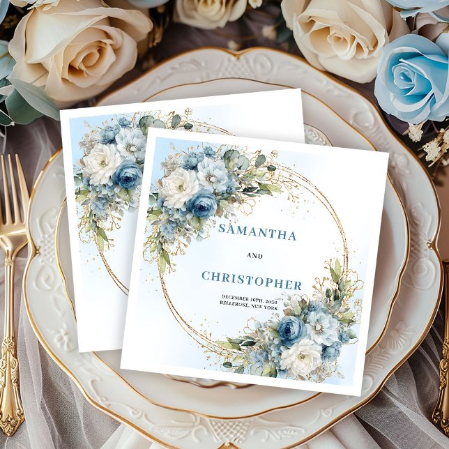 Classy Dusty Blue Peony Wedding Napkins Gold (Classy Dusty Blue Peony Wedding Napkins Gold)