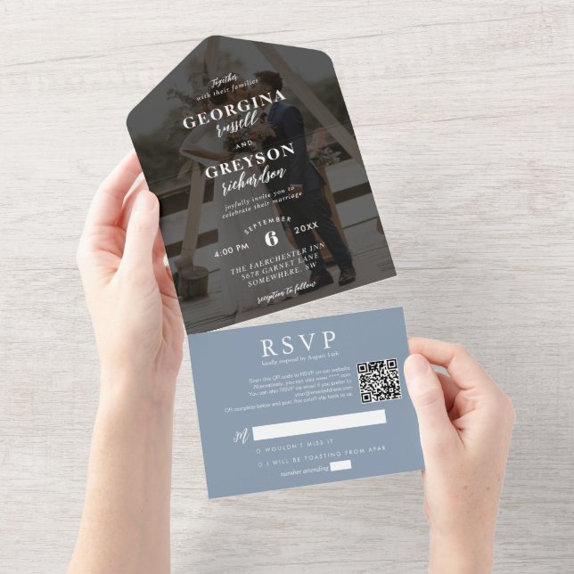 Classy Dusty Blue RSVP Photo QR Code Wedding All In One Invitation (Tearaway)