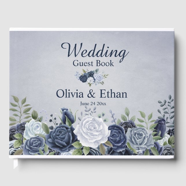 Classy Dusty Blue Watercolor Floral Guest Book (Front)