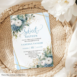 Classy Dusty Blue White Peonies Sweet 16 Invites
