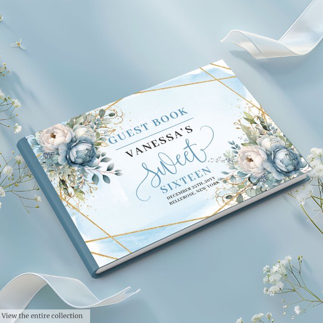 Classy Dusty Blue White Peonies Sweet Sixteen 16th Guest Book (Classy Dusty Blue White Peonies Sweet Sixteen Guest Book)
