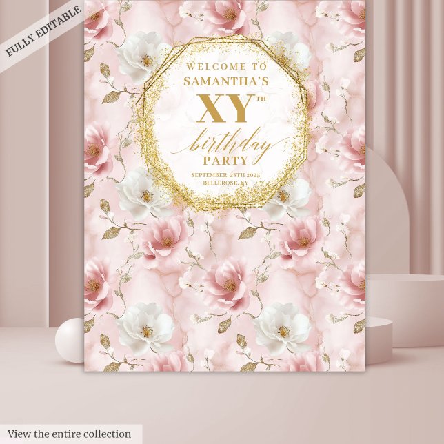 Classy dusty pink floral birthday party backdrop (Classy dusty pink floral birthday party backdrop)
