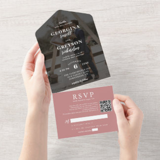 Classy Dusty Pink RSVP Photo QR Code Wedding All In One Invitation