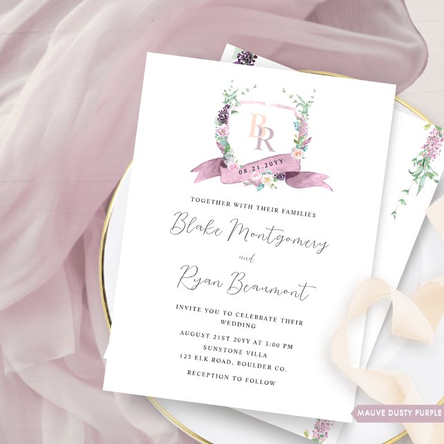Classy Dusty Purple, Mauve, Pink  Monogram Wedding Invitation (Creator Uploaded)