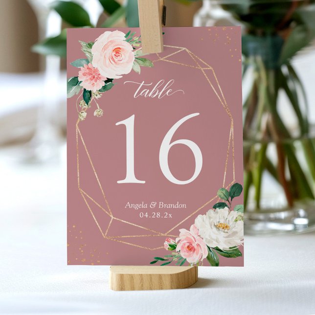 Classy Dusty Rose Blush Floral Geometric Wedding Table Number (Creator Uploaded)