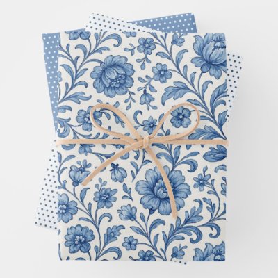 Classy Dutch Delfts Blue Floral Art Pattern Wrapping Paper Sheets