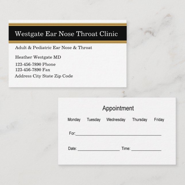 Classy Ear Nose Throat Doctor Appointment Business Card (Front/Back)