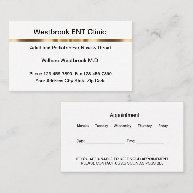 Classy Ear Nose Throat Doctor Appointment Business Card (Front/Back)