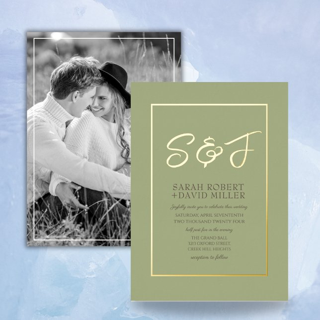 Classy Earth Tone Sage Green Gold Frame Photo Foil Invitation (Creator Uploaded)