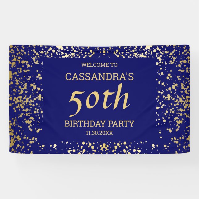 Classy Egypt Gold Sprinkles Navy Blue Birthday Banner (Horizontal)