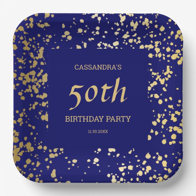 Classy Egypt Gold Sprinkles Navy Blue Birthday Paper Plates (Front)