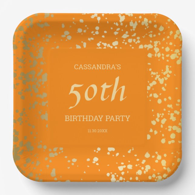 Classy Egypt Gold Sprinkles Orange Birthday Paper Plates (Front)