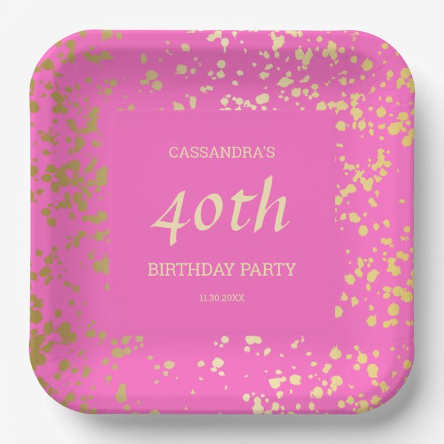 Classy Egypt Gold Sprinkles Pink Birthday Paper Plates (Front)