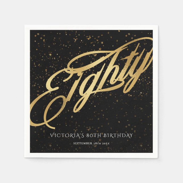 Classy Eighty 80th Gold Black Confetti Calligraphy Napkins (Front)