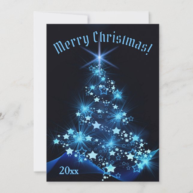Classy Elegance Blue Stars on Christmas Tree   Holiday Card (Front)