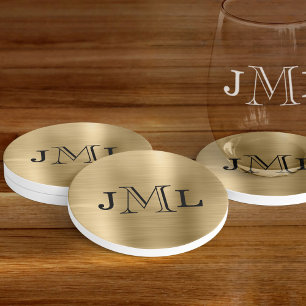 Classy Elegant 3 Letters Monogram Brushed Gold Coaster