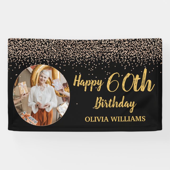 Classy Elegant 60th Birthday Black Gold Glitter  Banner (Horizontal)