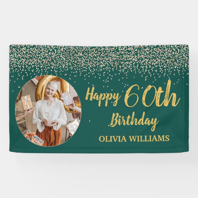 Classy Elegant 60th Birthday Green Gold Glitter  Banner (Horizontal)