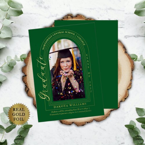 Classy Elegant Arched Photo Green Graduation Foil Invitation