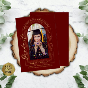 Classy Elegant Arched Photo Maroon Graduation  Foil Invitation