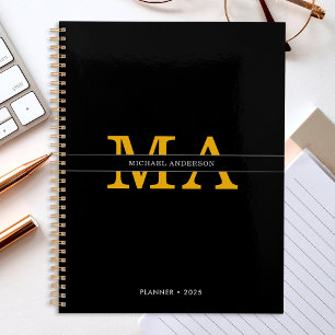 Classy Elegant Black Gold Monogram Custom Name Planner