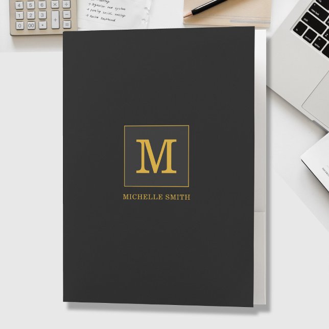 Classy Elegant Black Gold Monogram Name Pocket Folder (Creator Uploaded)