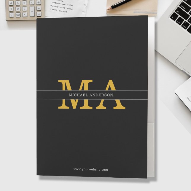 Classy Elegant Black Gold Monogram Name Text Pocket Folder (Creator Uploaded)