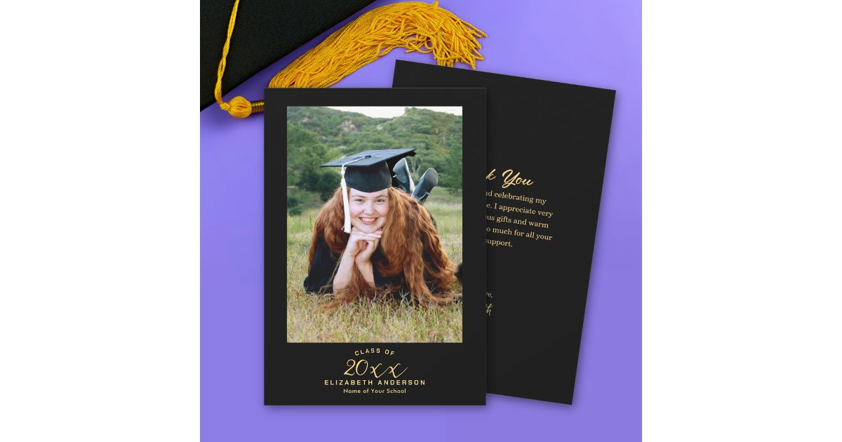 Classy Elegant Black Gold Script Graduation Photo Thank You Card | Zazzle