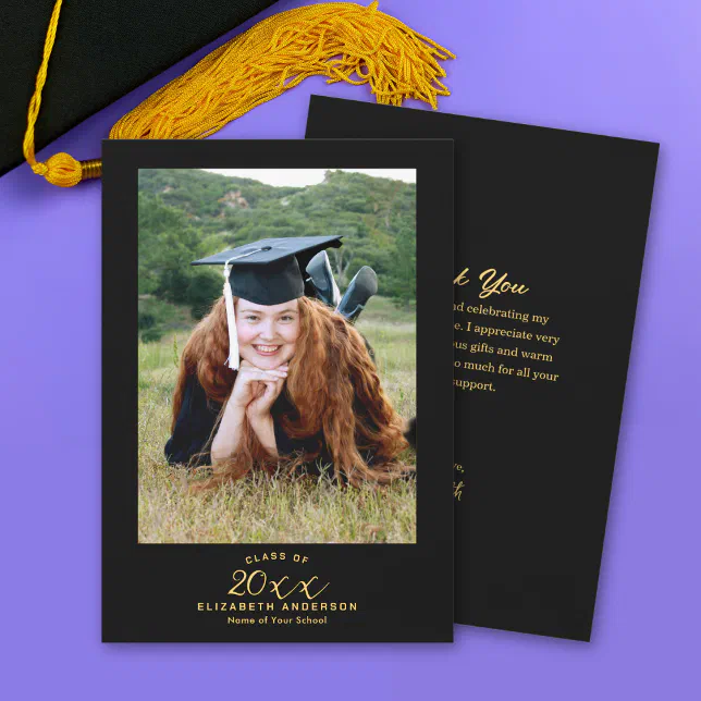 Classy Elegant Black Gold Script Graduation Photo Thank You Card | Zazzle