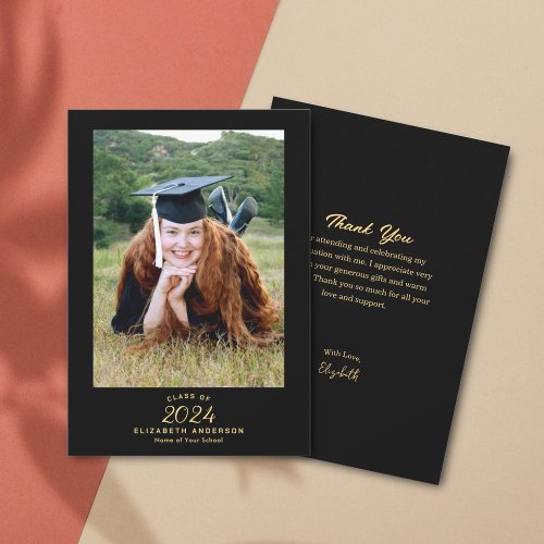Classy Elegant Black Gold Script Graduation Photo Thank You Card