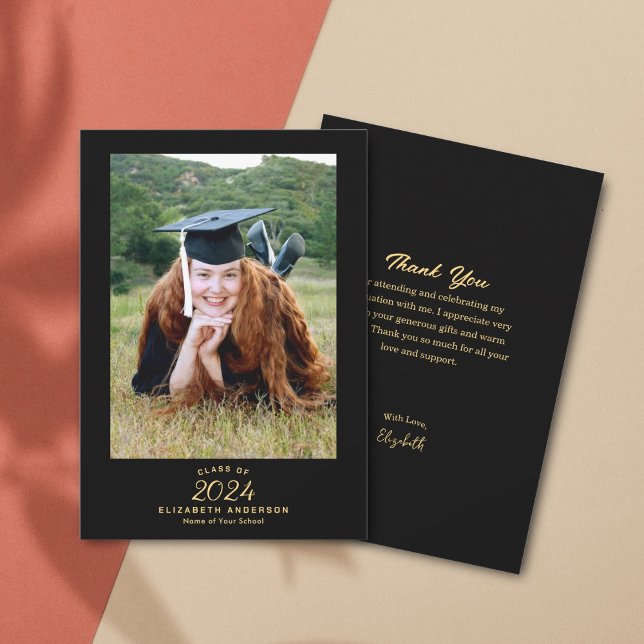Classy Elegant Black Gold Script Graduation Photo Thank You Card (Creator Uploaded)