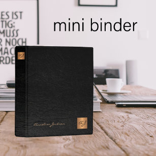 Classy elegant black leather gold glitter monogram mini binder